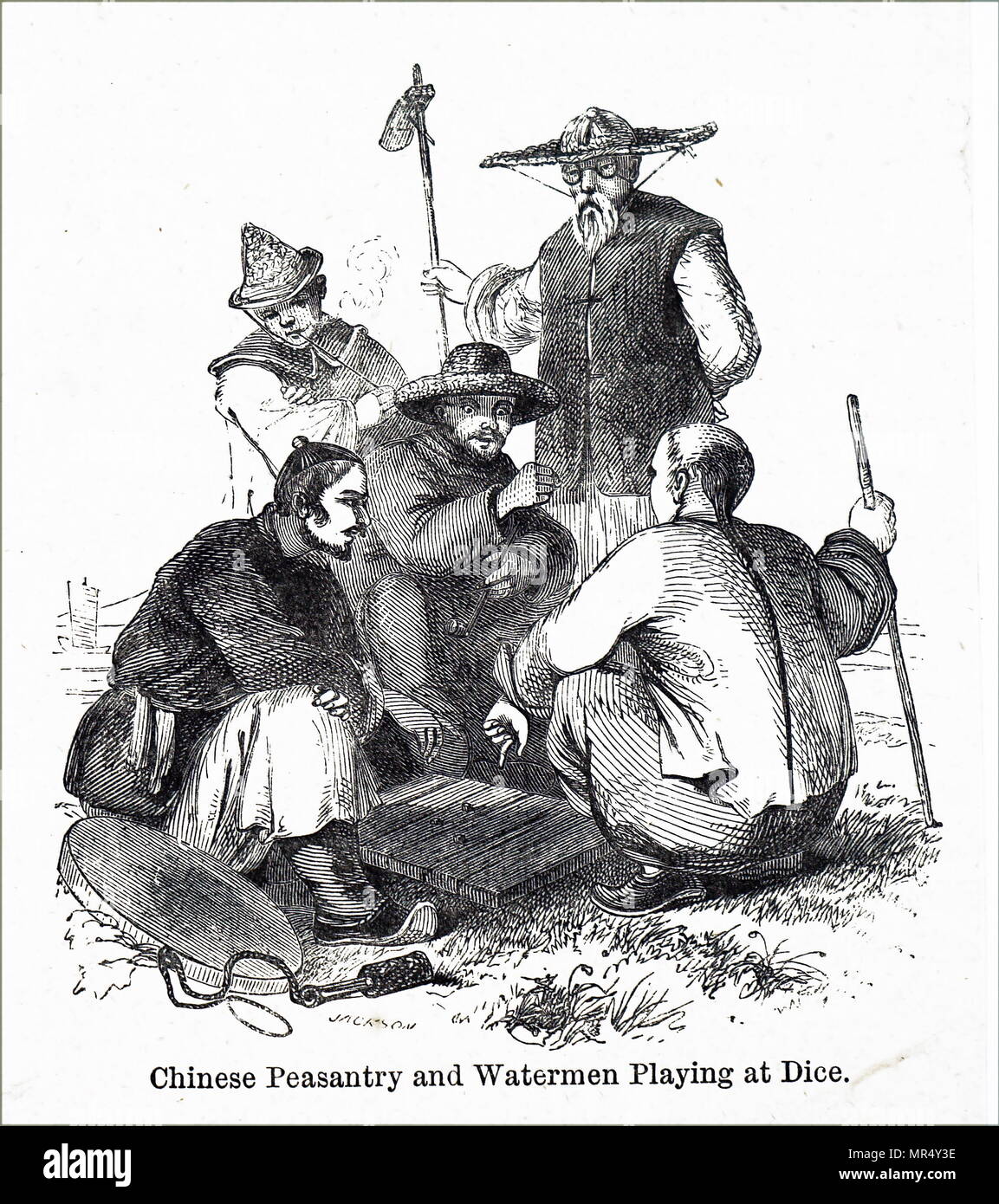 Illustrazione raffigurante contadini cinesi e battellieri per dado da gioco. Illustrato da George Cruikshank (1792-1878) Un caricaturista britannico e illustratore di libri. Datata del XIX secolo Foto Stock