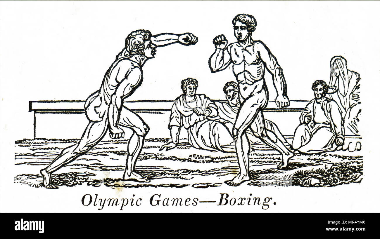 Incisione raffigurante i boxer in Giochi Olimpici antichi. Datata del XIX secolo Foto Stock