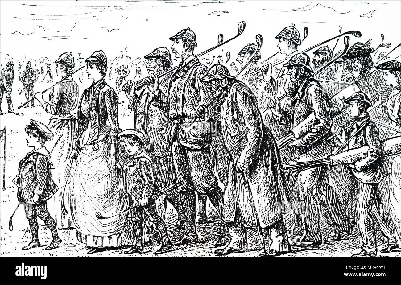 Cartoon commentando la crescente popolarità del golf. Illustrato da George du Maurier (1834-1896) un fumettista franco-britannica e l'autore. Datata del XIX secolo Foto Stock