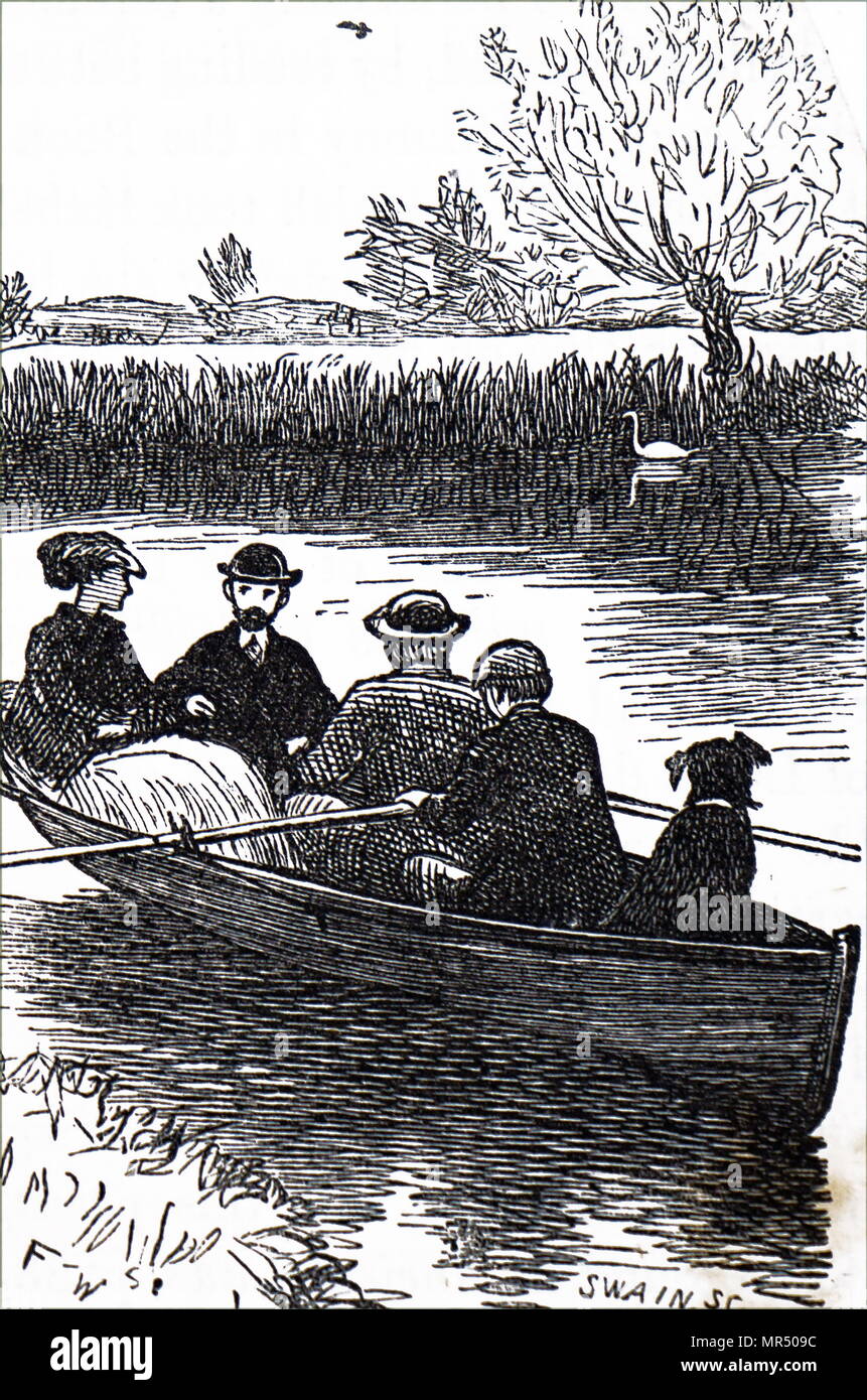 Illustrazione raffigurante una gita in barca in cui incluso il cane. Datata del XIX secolo Foto Stock