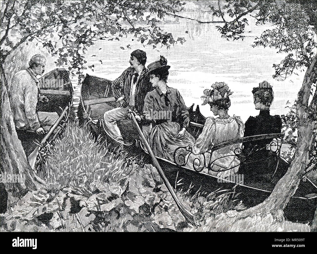 Illustrazione raffigura un gruppo di giovani coppie che vogliono godersi un viaggio in barca. Datata del XIX secolo Foto Stock