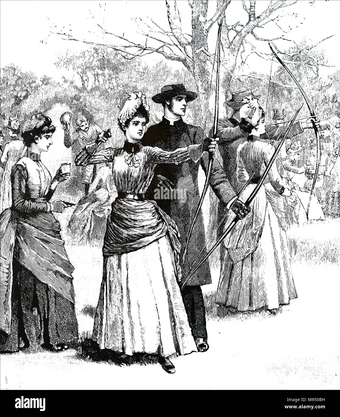 Incisione raffigurante giovani donne praticano la loro abilità di tiro con l'arco. Datata del XIX secolo Foto Stock
