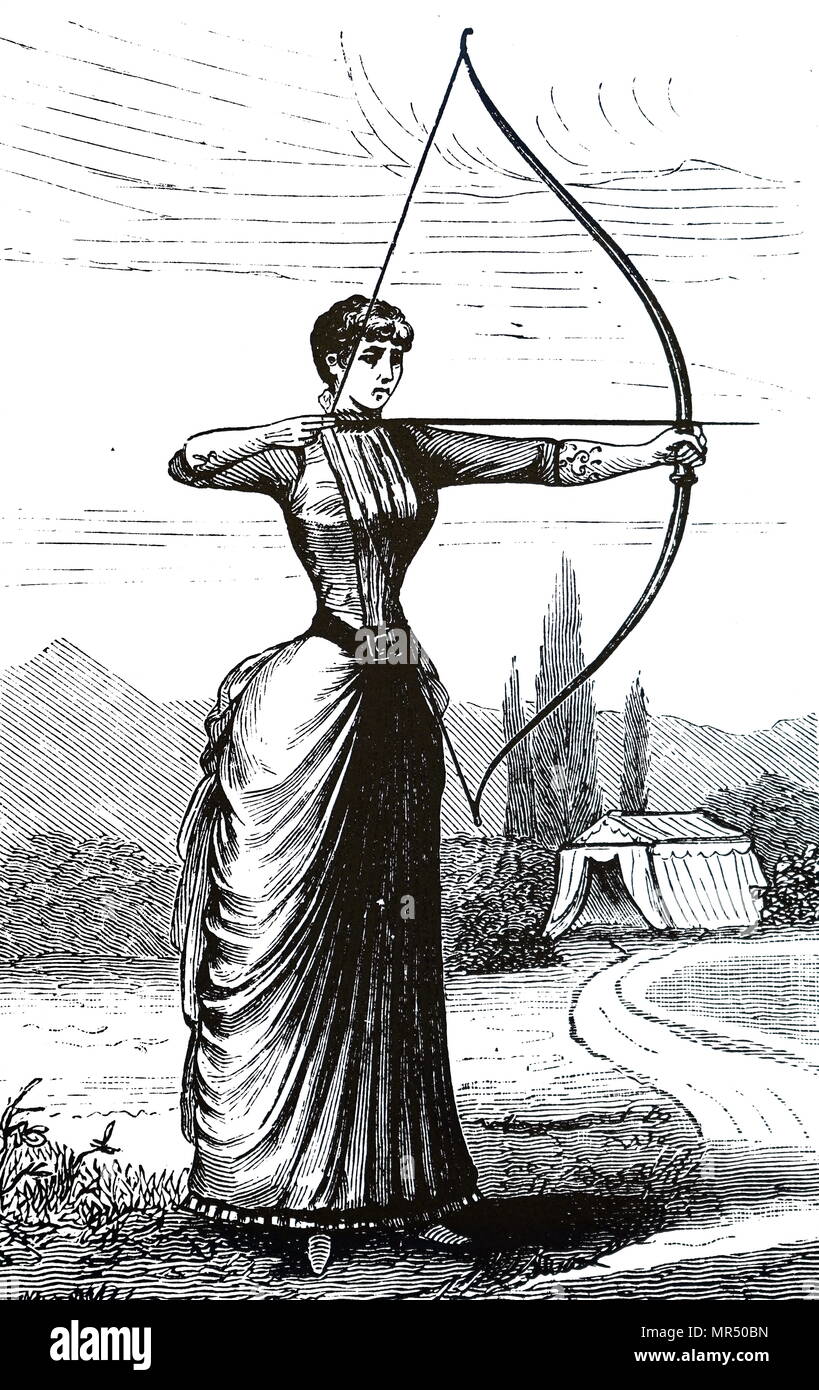 Incisione raffigurante una giovane donna pratica la sua abilità di tiro con l'arco. Datata del XIX secolo Foto Stock Incisione raffigurante una giovane donna pratica la sua abilità di tiro con l'arco. Datata del XIX secolo Foto Stock