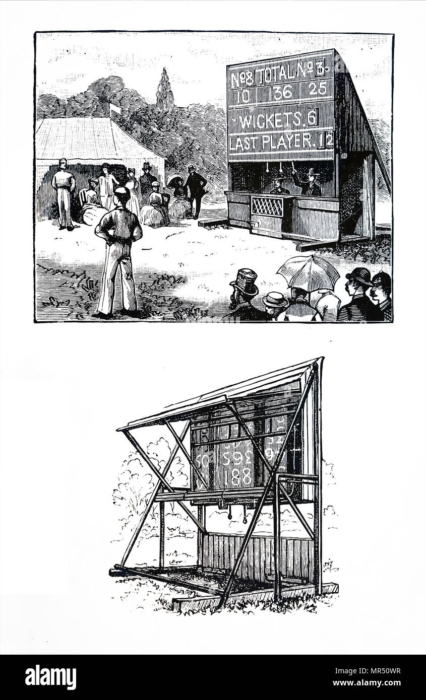 Illustrazione raffigurante un quadro di valutazione di cricket con i numeri su una cinghia senza fine. Datata del XIX secolo Foto Stock