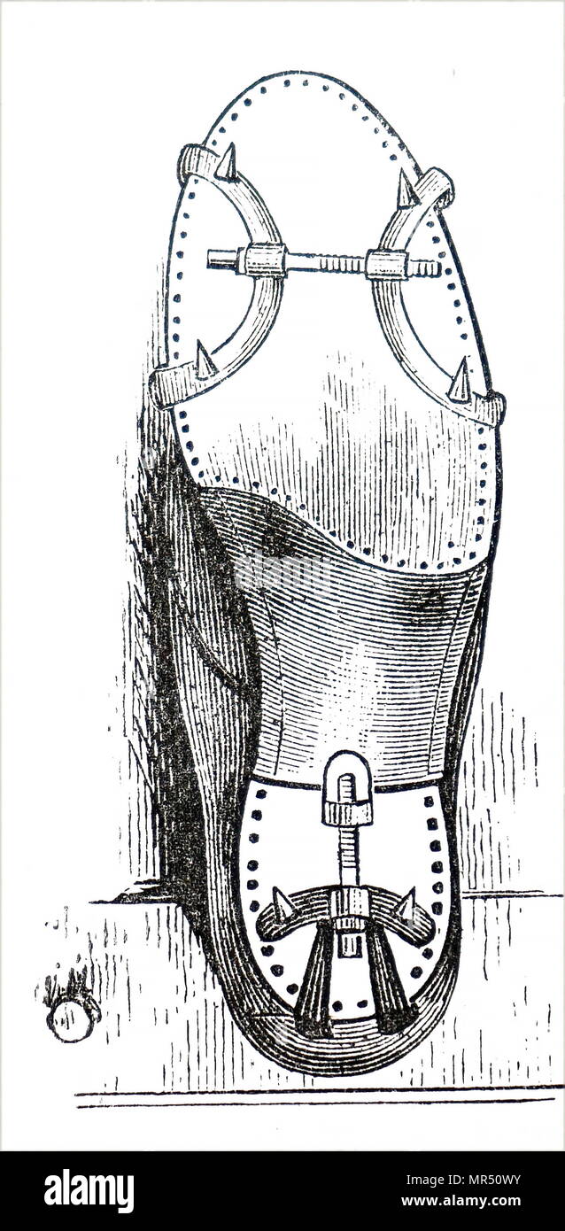 Illustrazione raffigurante scarpetta amovibile picchi, che ha contribuito a trasformare normali calzature in quelle che potrebbero essere utilizzati durante una partita di cricket. Datata del XIX secolo Foto Stock