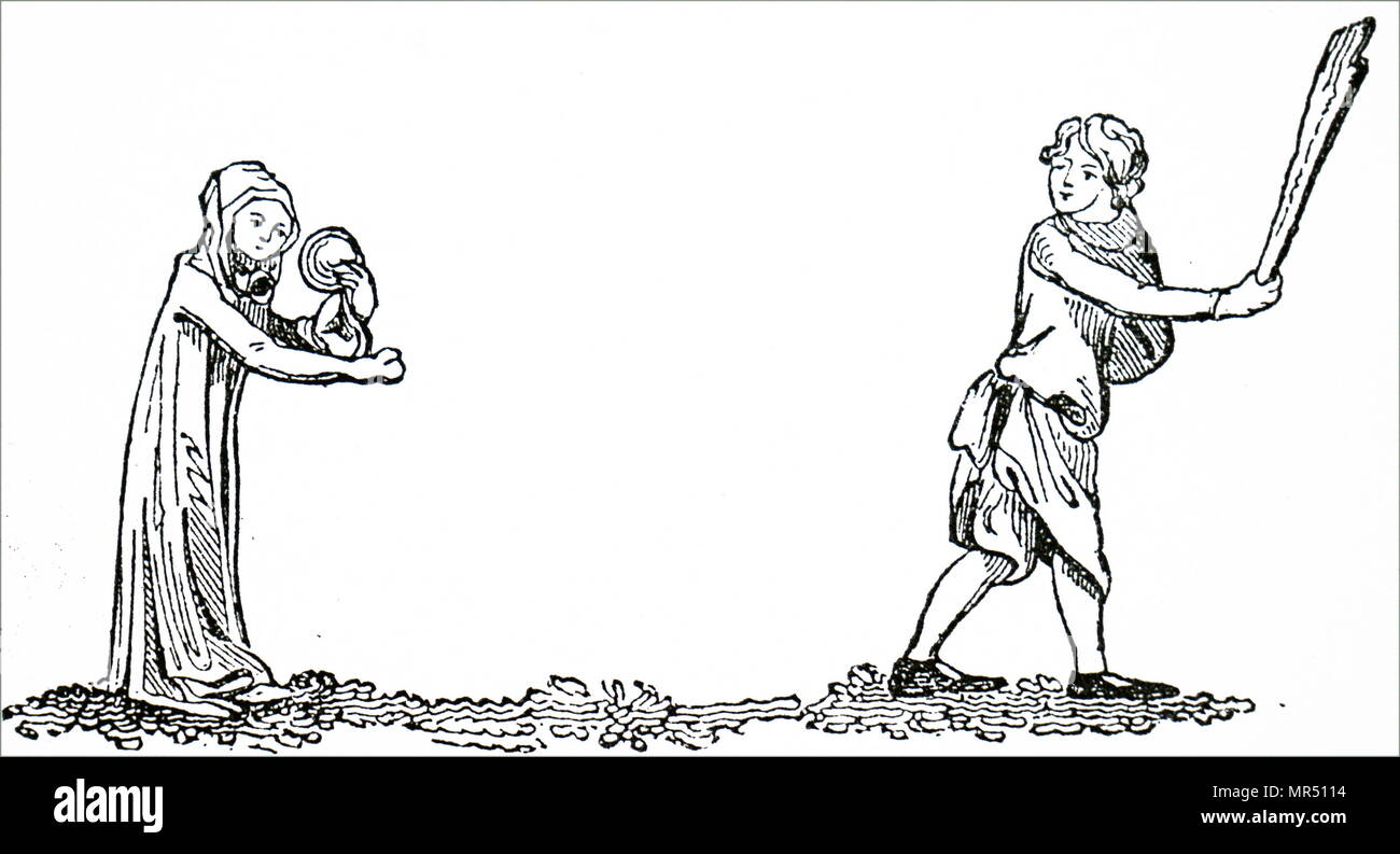 Xilografia stampa raffigurante due bambini che giocano un gioco noto come 'Club-Ball' che è stato creduto per essere il precursore del gioco di cricket. Datato xiv secolo Foto Stock