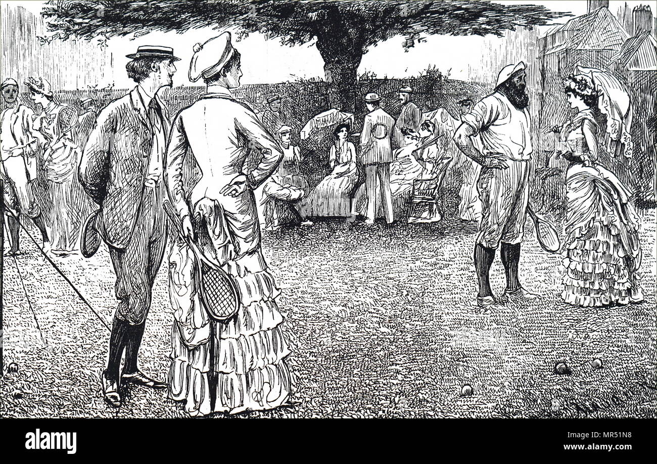 Illustrazione raffigurante un gioco di doppi misti Lawn Tennis. Datata del XIX secolo Foto Stock
