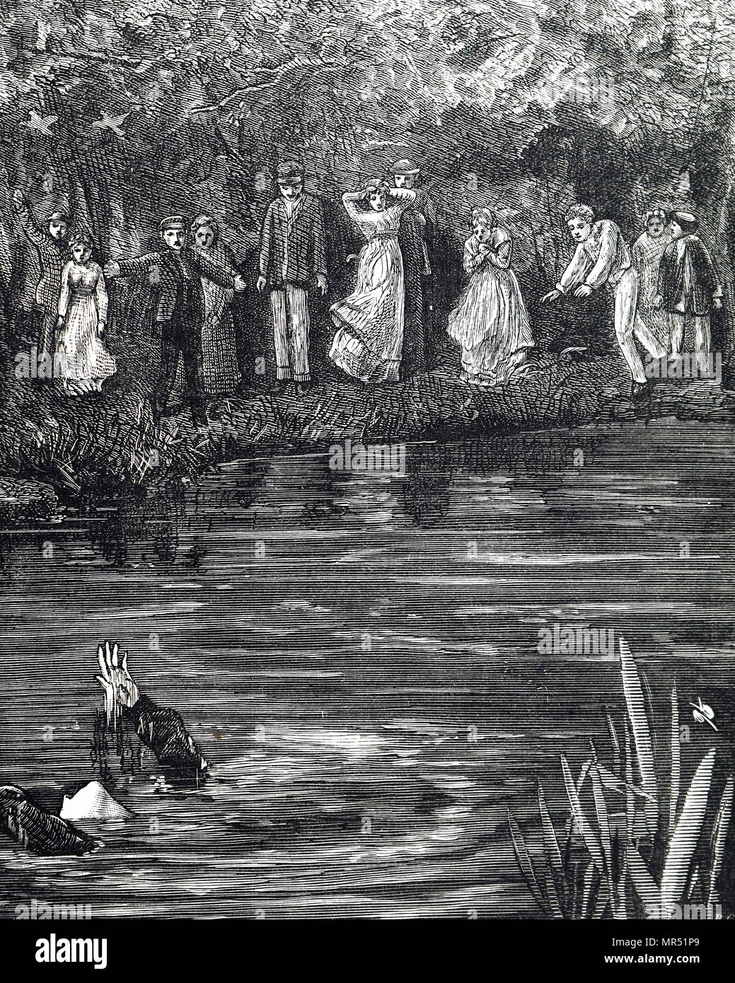 Illustrazione raffigurante una giovane donna annegamento, come le persone guardano con orrore e shock. Illustrato da Francesco Wilfred Lawson (1842-1935) un artista britannico. Datata del XIX secolo Foto Stock