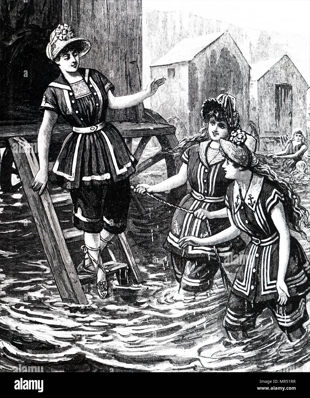 Illustrazione raffigurante i bagnanti al mare. Datata del XIX secolo Foto Stock
