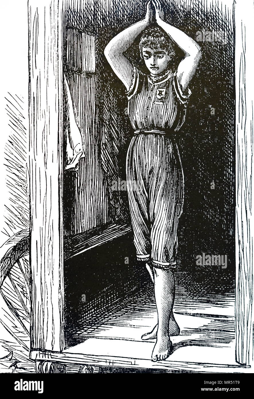 Illustrazione raffigurante una donna giovane utilizzando una macchina di balneazione. Datata del XIX secolo Foto Stock Illustrazione raffigurante una donna giovane utilizzando una macchina di balneazione. Datata del XIX secolo Foto Stock