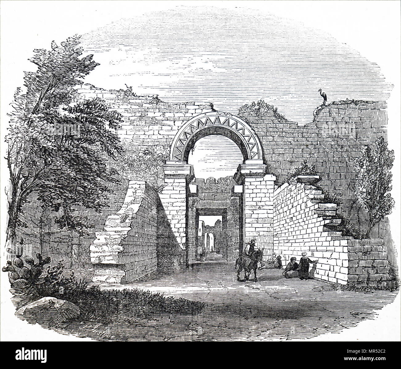 Illustrazione che raffigura una vista di Nablus gate, situato nel nord della Cisgiordania. Datata del XIX secolo Foto Stock