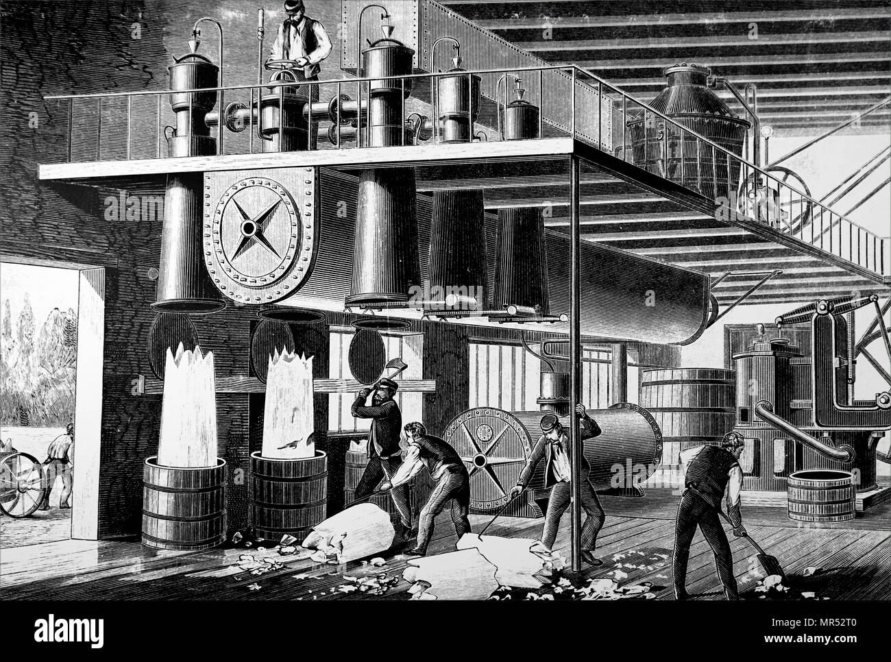 Illustrazione raffigurante la fabbricazione di ghiaccio utilizzando una pompa a vuoto in Savigny-sur-Orge, Francia. Xix secolo Foto Stock