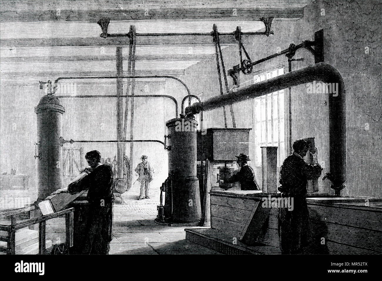 Illustrazione raffigurante Edmond Carré di apparecchiatura per la produzione artificiale di ghiaccio. Datata del XIX secolo Foto Stock