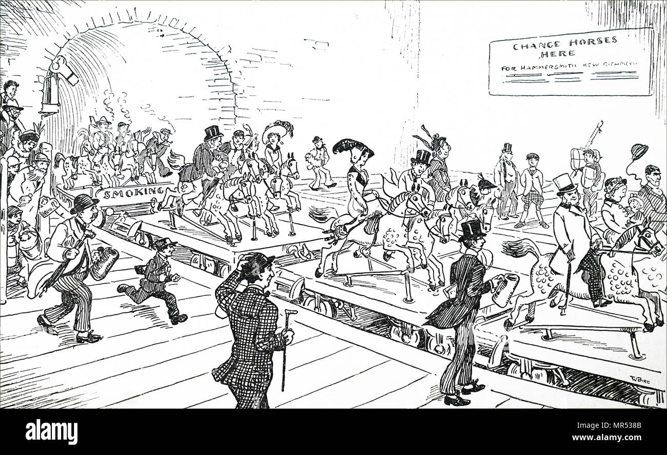 Illustrazione che mostra una vista più divertente del viaggio dalla meccanizzazione cavalli su una metropolitana di Londra, Inghilterra 1911 Foto Stock