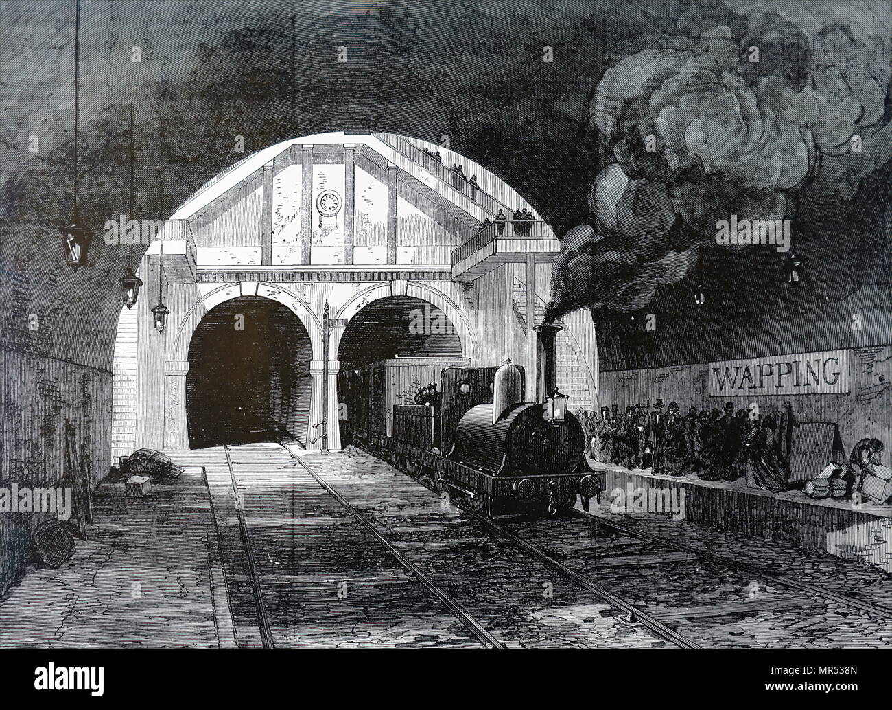 Illustrazione raffigurante la prova del Metropolitan Line: treno proveniente attraverso il Tunnel Tamigi a Wapping. Datata del XIX secolo Foto Stock