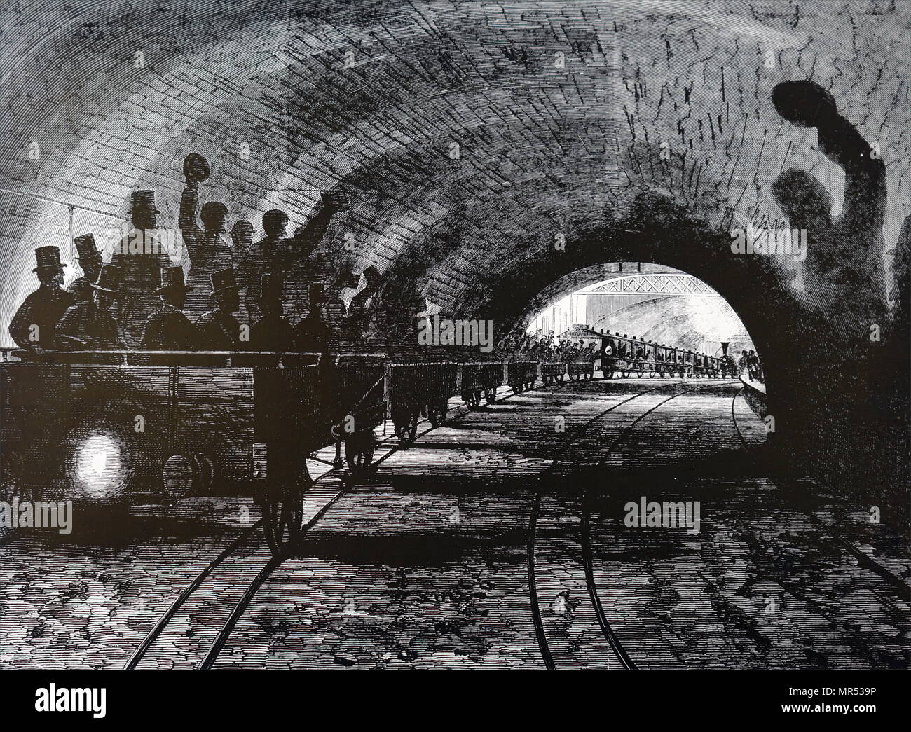 Illustrazione raffigurante la prova del Metropolitan Line: treno passa Portland Road Station. Datata del XIX secolo Foto Stock
