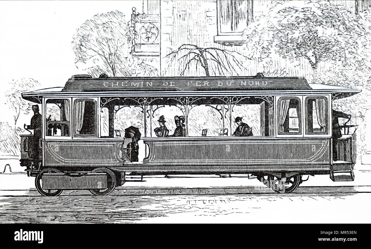 Illustrazione raffigurante un tram a vapore. Datata del XIX secolo Foto Stock