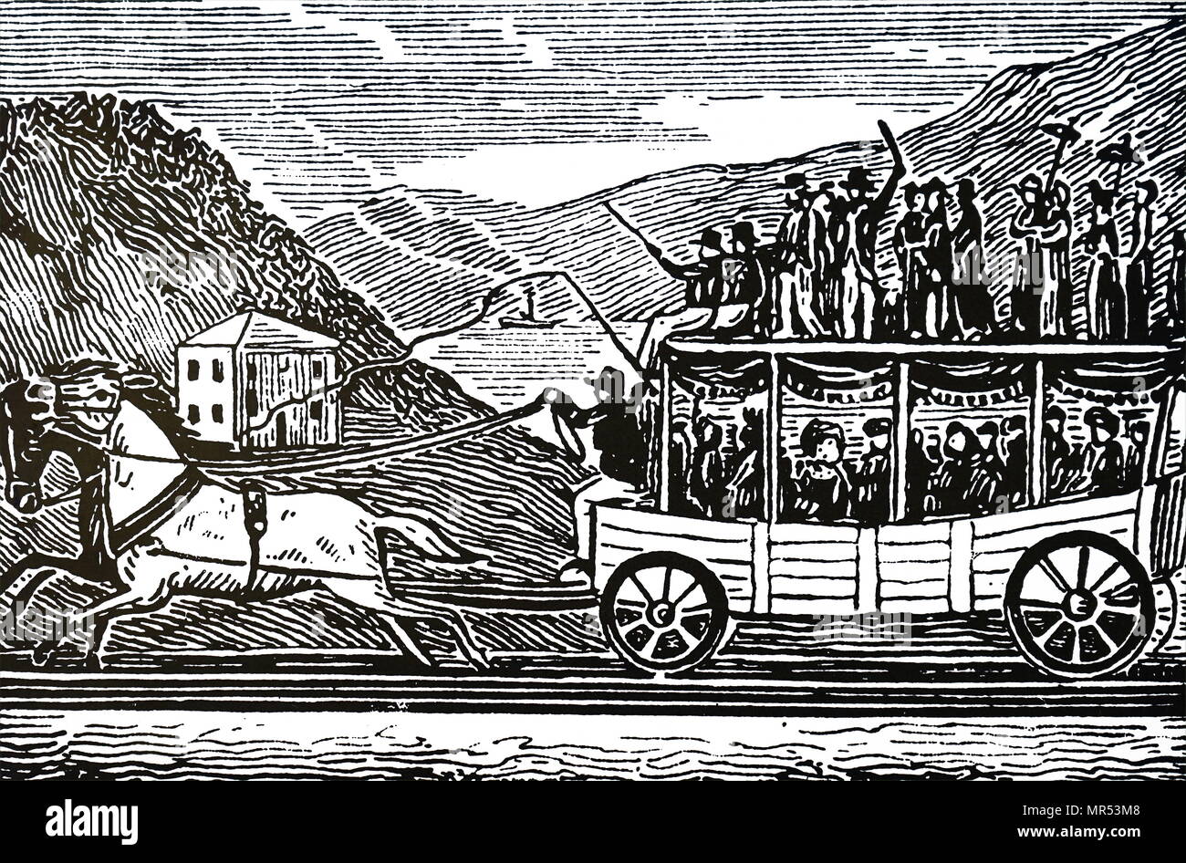 Incisione raffigurante una carrozza a cavallo sul Baltimore e Ohio Railroad. Datata del XIX secolo Foto Stock