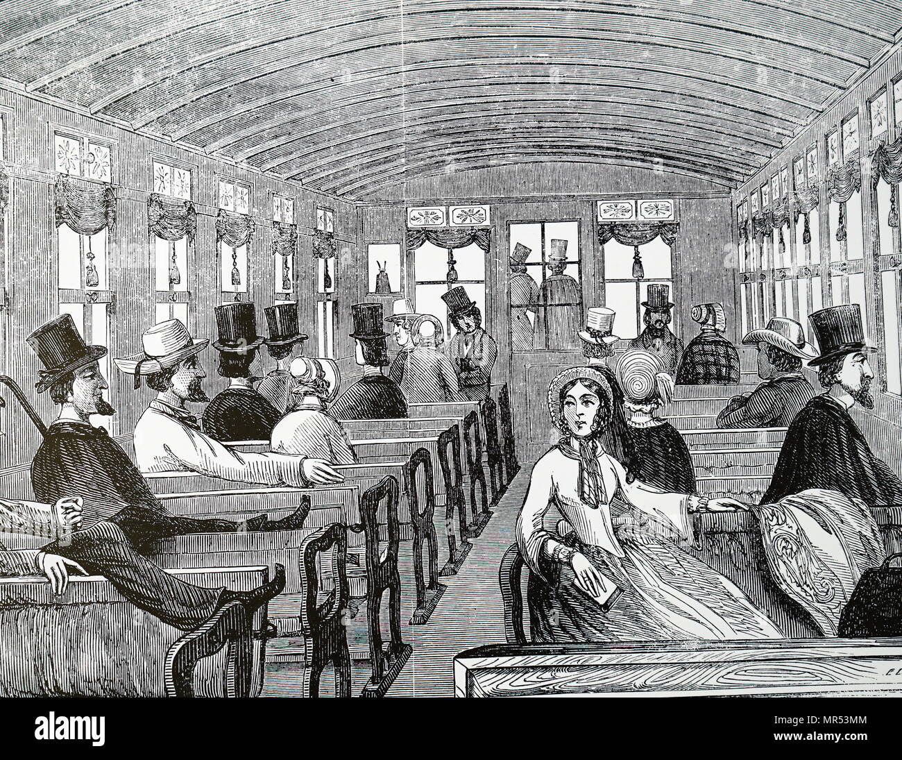 Illustrazione che raffigura la parte interna di una New York tram auto. Datata del XIX secolo Foto Stock