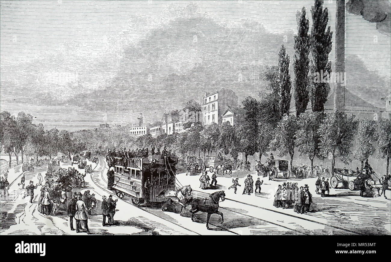 Illustrazione raffigurante una carrozza trainata da cavalli nella Champs-Élysées, Parigi. A 4 km di rotaie è stata stabilita tra la Place de la Concorde e La Barrière de Passy in prima istanza. Datata del XIX secolo Foto Stock