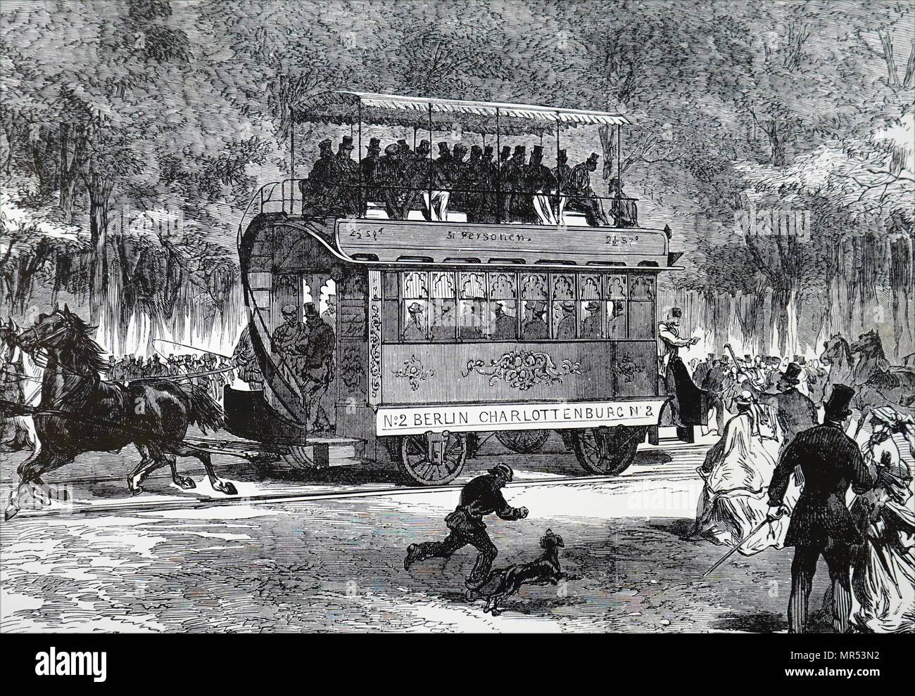 Illustrazione raffigurante una carrozza trainata da cavalli a Berlino. Datata del XIX secolo Foto Stock