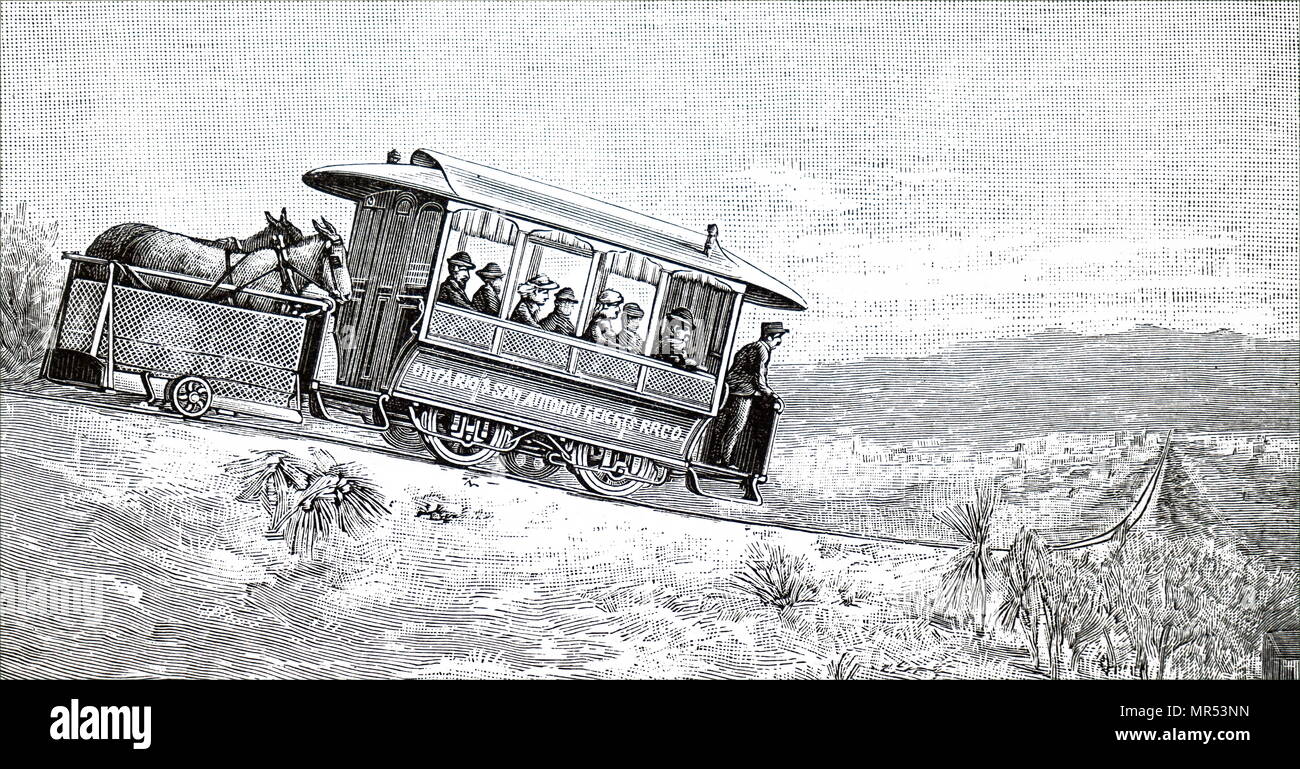 Illustrazione raffigurante un tram in California dove muli disegnare la vettura della pendenza, e durante il viaggio di ritorno si trovano sul retro mentre la forza di gravità è l'opera. Datata del XIX secolo Foto Stock