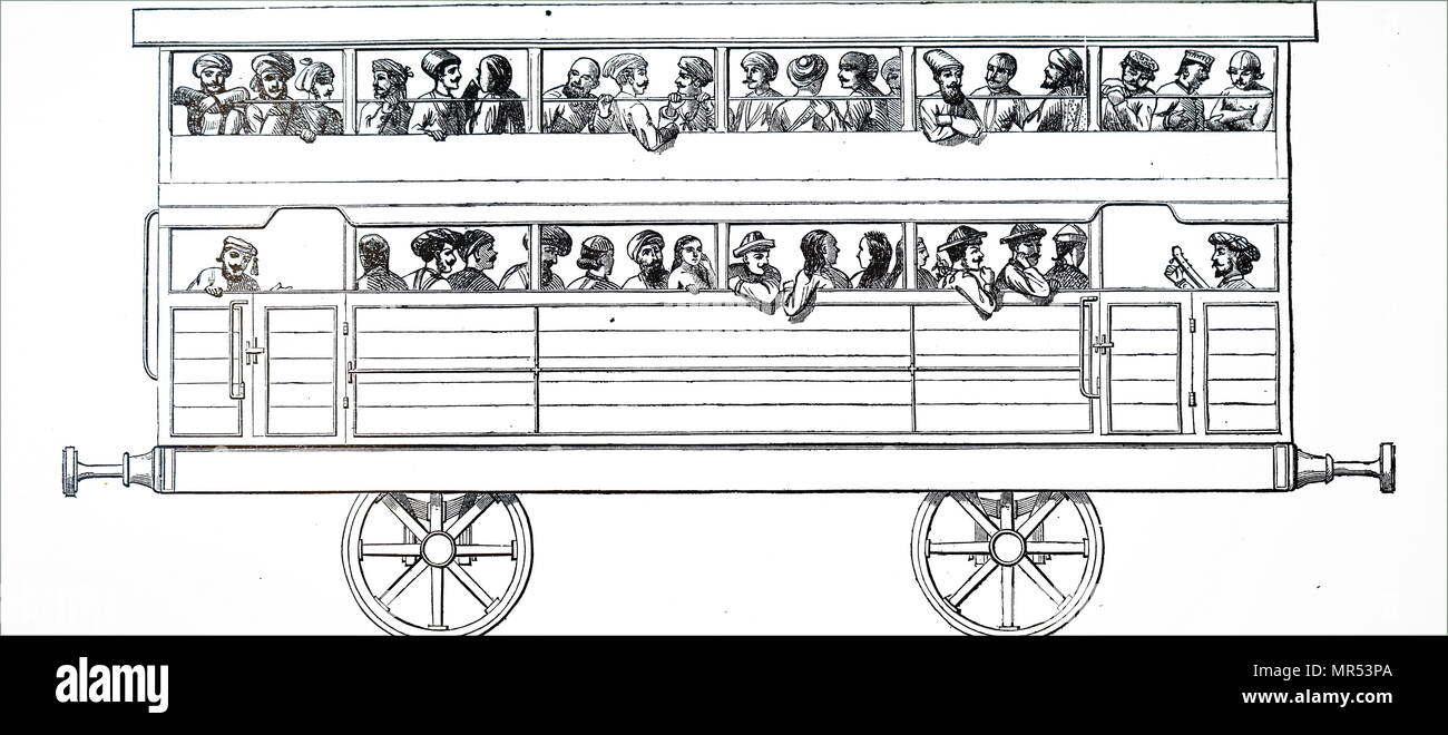 Cartoon raffigurante un doppio ponte di terza classe di trasporto sulla Bombay, Baroda e India Centrale ferroviaria. Datata del XIX secolo Foto Stock