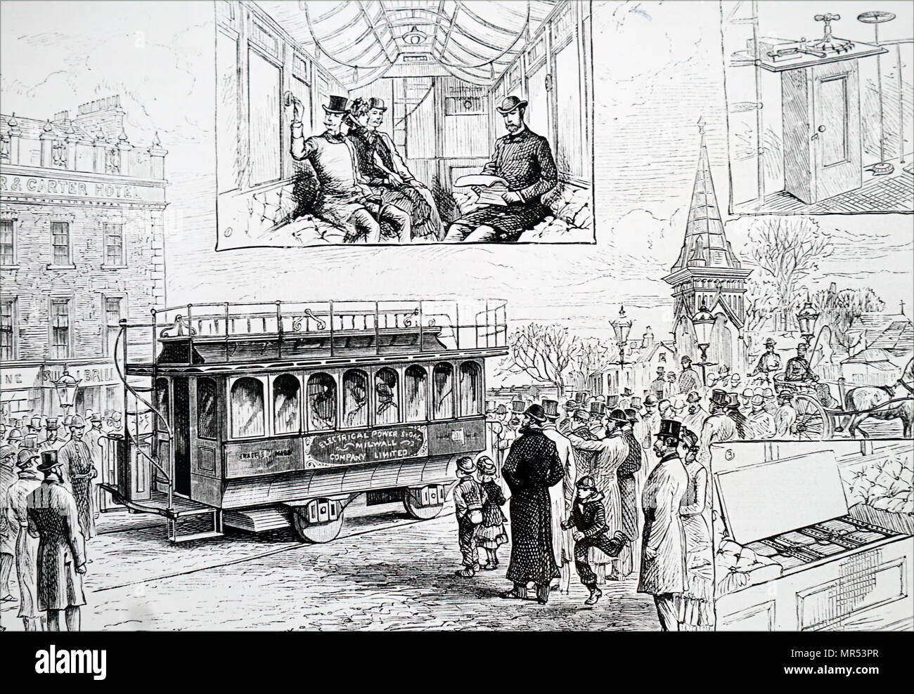 Illustrazione raffigurante la prova di un tram elettrico a Kew Bridge. Datata del XIX secolo Foto Stock