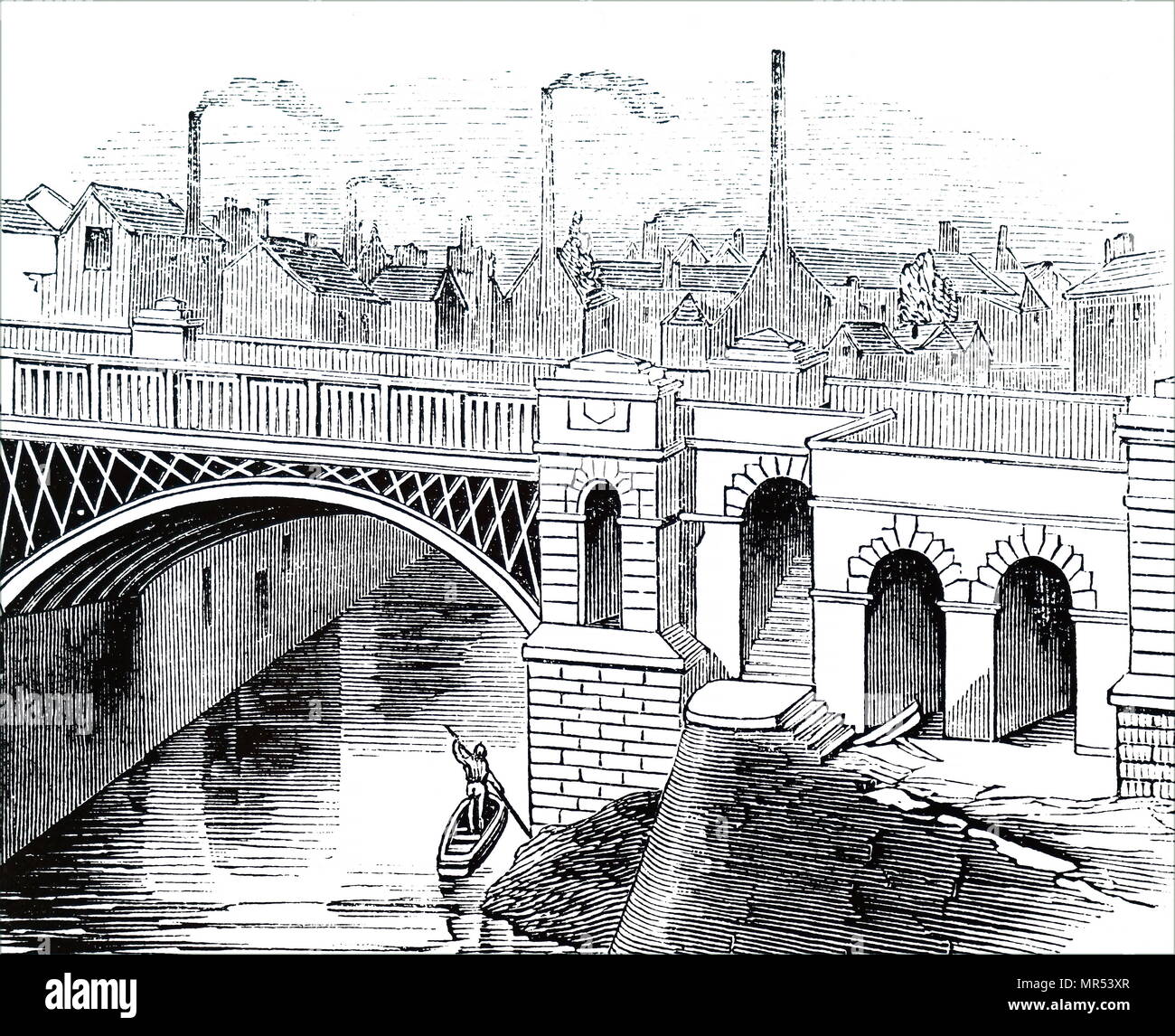 Incisione raffigurante il ferro ponte sopra il fiume Irwell, che formavano parte del Manchester e Leeds Railway. Datata del XIX secolo Foto Stock