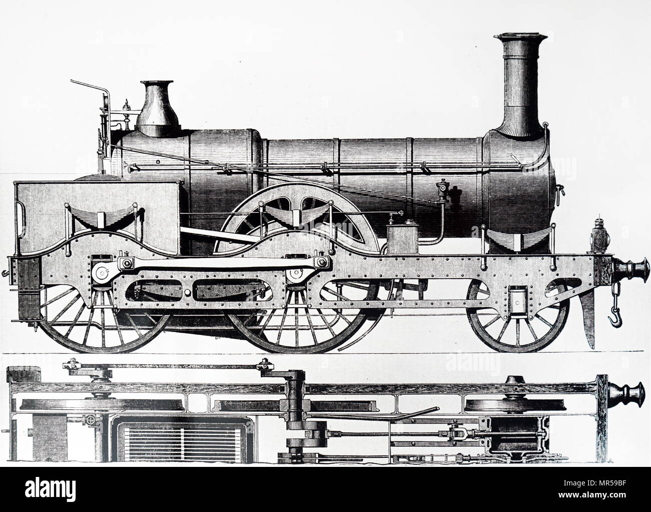 Incisione raffigurante un 2-4-0 locomotiva per la grande ferrovia settentrionale progettato da Archibald Sturrock e costruito da J. Fowler & Co. di Leeds. Archibald Sturrock (1816-1909) un scozzese ingegnere meccanico che era nato a Petruchie, Angus, Scozia. Datata del XIX secolo Foto Stock