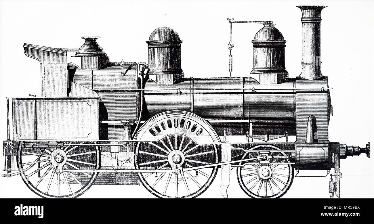 Incisione raffigurante un 2-4-0 locomotiva per la Ferrovia Bergisch-Marische progettato da Archibald Sturrock e costruito da J. Fowler & Co. di Leeds. Archibald Sturrock (1816-1909) un scozzese ingegnere meccanico che era nato a Petruchie, Angus, Scozia. Datata del XIX secolo Foto Stock