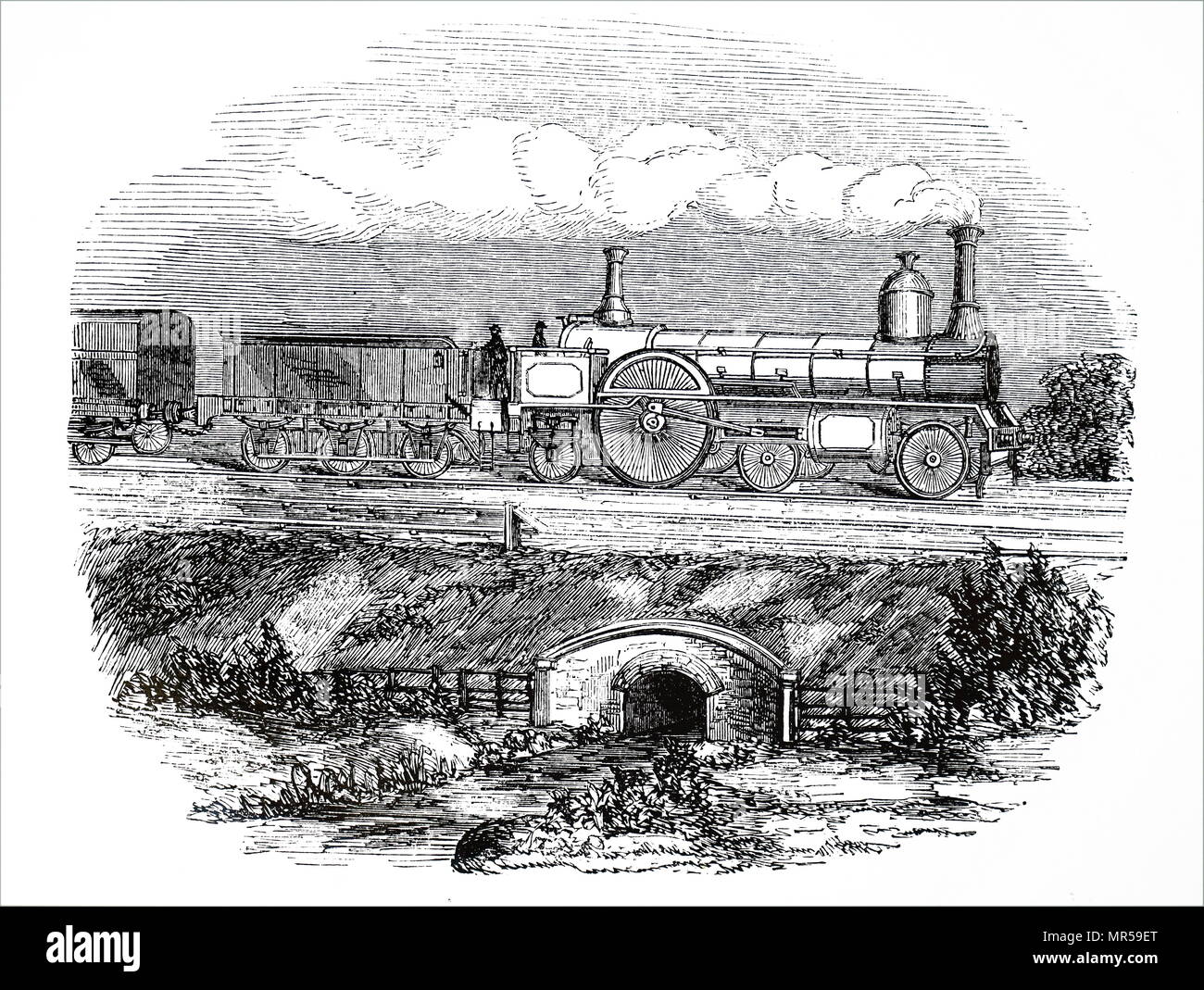 Incisione raffigurante una locomotiva britannico. Datata del XIX secolo Foto Stock