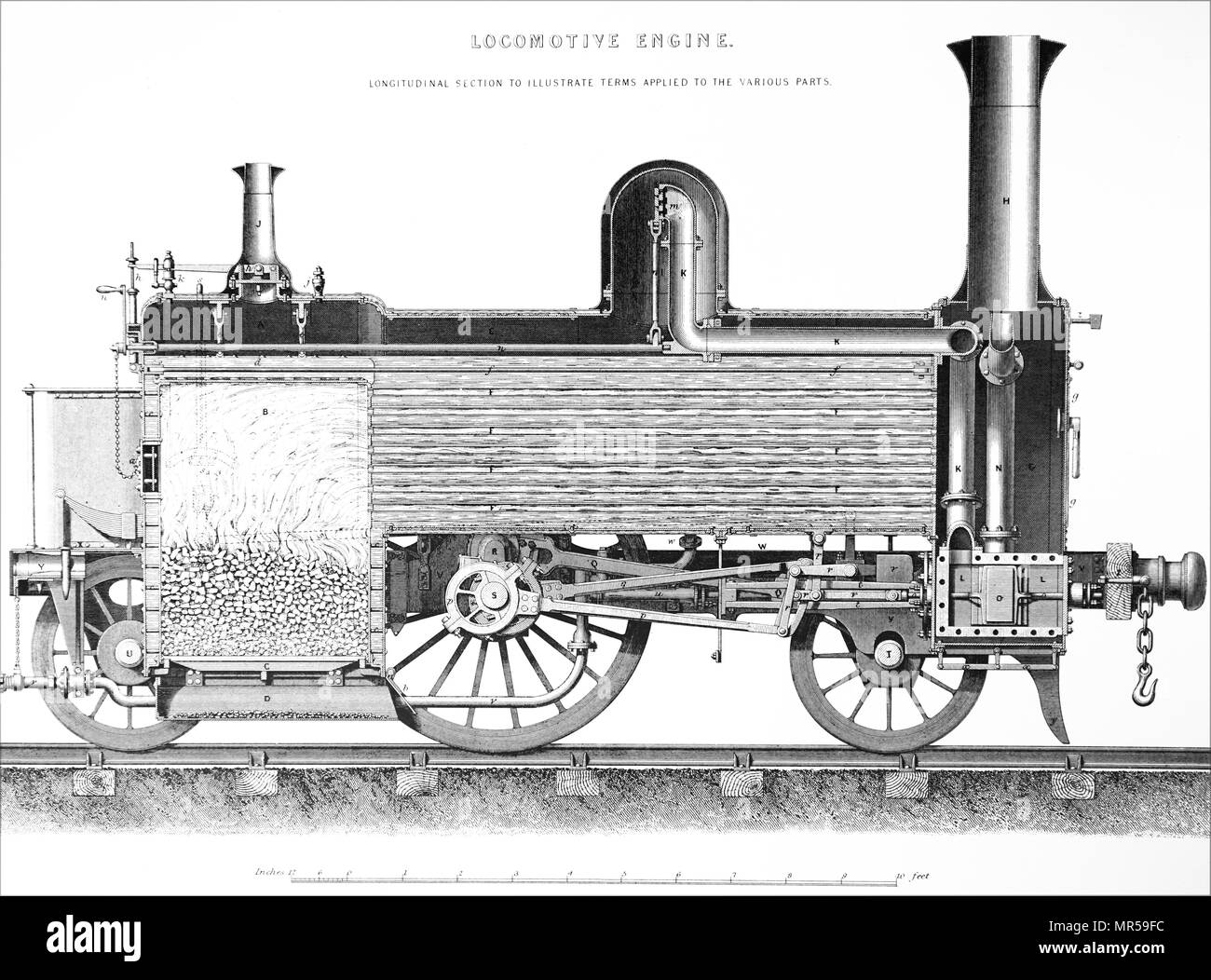 Incisione raffigurante una locomotiva britannico. Datata del XIX secolo Foto Stock
