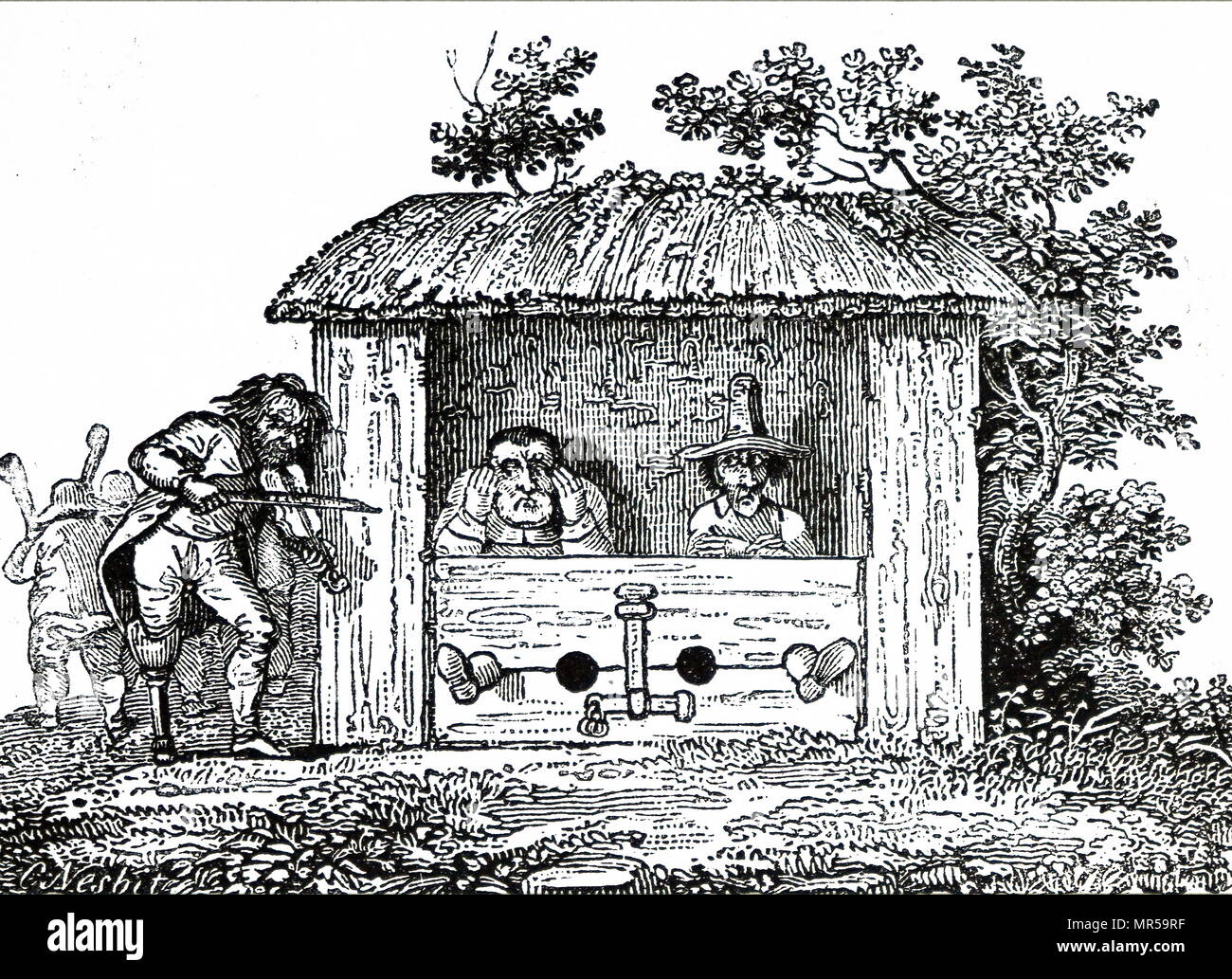 Incisione per Samuel Butler 'Hudibras'. Hudibras (sinistra) e Ralpho (destra) erano confinati nelle scorte come una forma di umiliazione pubblica. Gli uomini sono serenate da un fiddler con una gamba di legno. Illustrato da Charlton Nesbit (1775-1838) un inglese un intagliatore di legno. Datata del XIX secolo Foto Stock