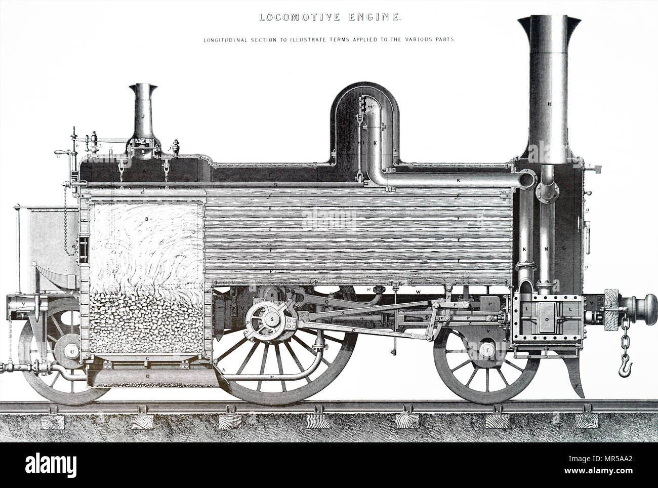 Vista in sezione di un tipico British locomotiva passeggero. Datata del XIX secolo Foto Stock