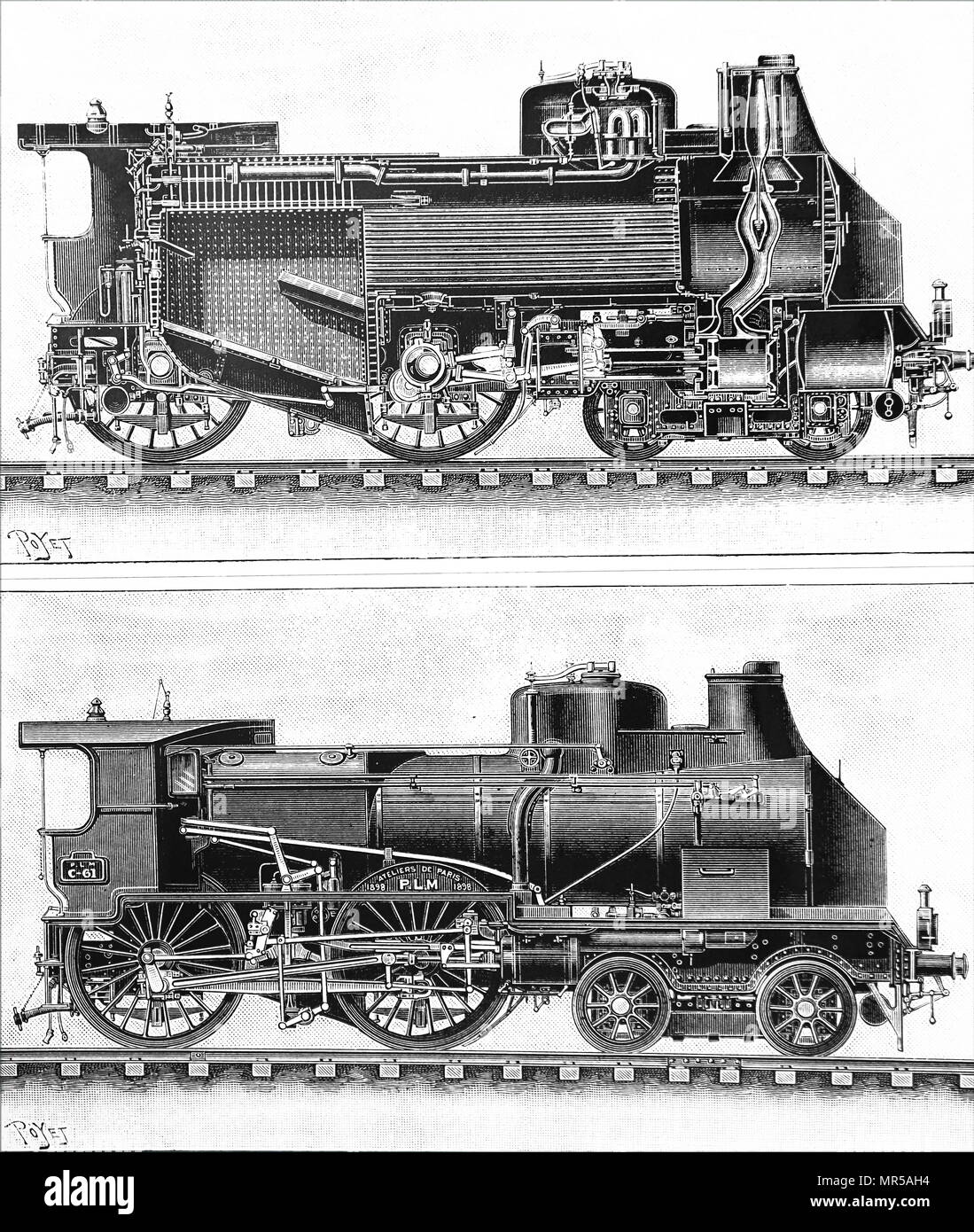 Incisioni raffiguranti una locomotiva a vapore utilizzati dalla Compagnie Parigi-Lione-mediterranee. In data xx secolo Foto Stock