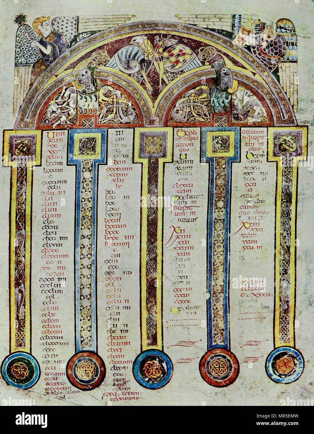Eusabian cannoni, folio 5 R dal Libro di Kells. Nel IV secolo, Eusebio di Cesarea (263-339) ha creato una serie di dieci tavole di Canon per dimostrare l'armonia del Vangelo conti mediante riferimenti incrociati nelle sezioni corrispondenti entro i Vangeli. Nel Libro di Kells, canon i tavoli sono collocati all'interno di elaborare le strutture architettoniche, con colonne che sorreggono un arco. Il Libro di Kells è un manoscritto illuminato Vangelo libro in latino, contenente quattro Vangeli del Nuovo Testamento insieme con vari testi introduttiva e tabelle. Creato in un monastero di Colombano in Irlanda, c. 800 annuncio. Foto Stock