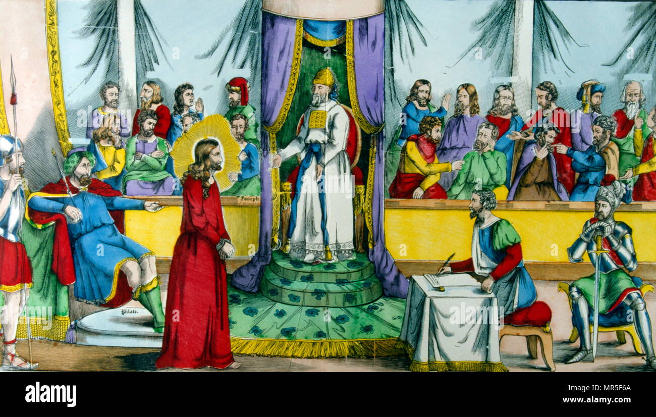 Il francese del XVIII secolo la xilografia illustrazione che mostra la condanna e il processo di Gesù, prima che il sommo sacerdote a Gerusalemme. Giuseppe Caifa, semplicemente noto come Caifa, nel Nuovo Testamento, era ebreo il sommo sacerdote che è detto di avere organizzato il complotto per uccidere Gesù Foto Stock