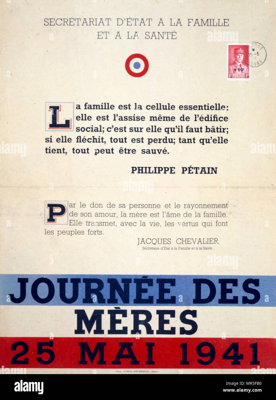 Poster di propaganda emessi da Marshall Petain la Vichy leader francese lodare l importanza della famiglia in tempo di guerra la Francia. Foto Stock
