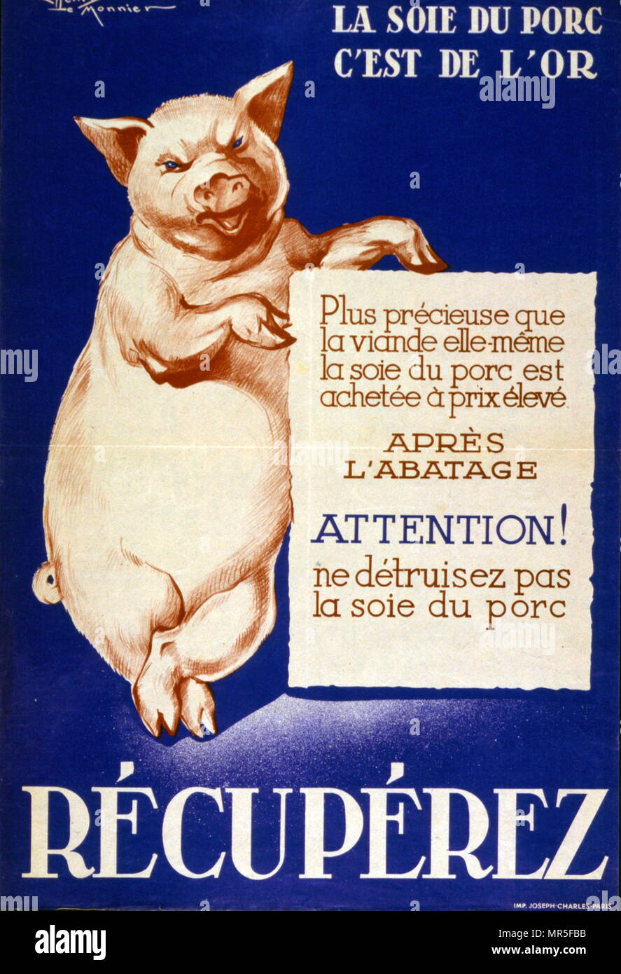 Poster di propaganda emessi da Marshall Petain la Vichy leader francese per il valore delle carni di maiale in tempo di guerra la Francia. Foto Stock