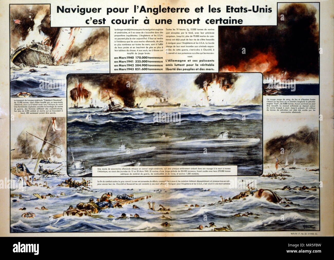 Poster di propaganda emessi dalla Vichy il governo francese a sostegno navale tedesco attacchi contro inglesi e americani le forze navali in Atlantico 1943 Foto Stock