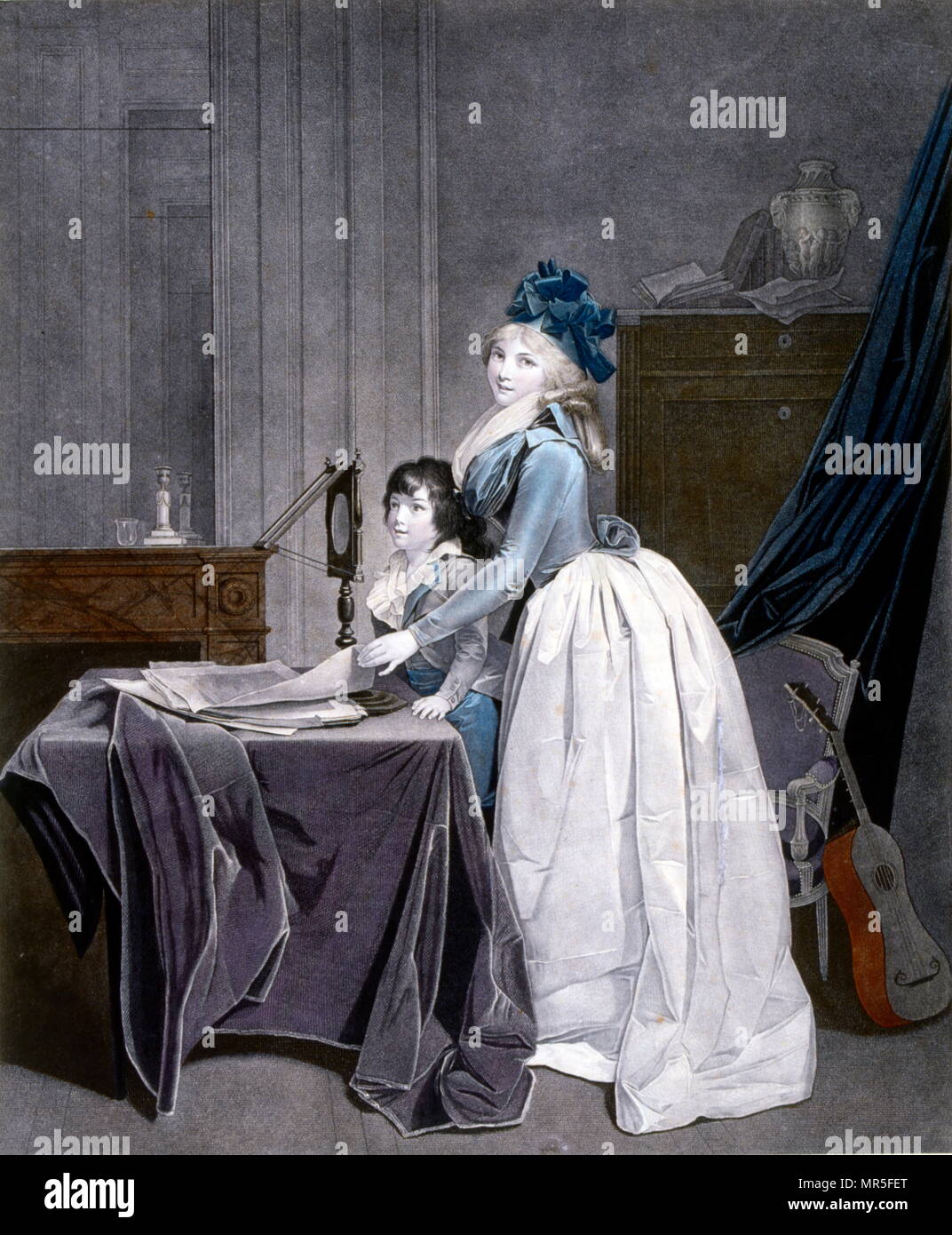 L'illusione ottica, 1794 (incisione); da Louis Leopold Boilly (1761-1845); L'Optique. Louise Sebastienne Danton (nee Gely); George Danton della seconda moglie e il figlio primogenito Antoine, dal suo primo matrimonio, incisi da Frederic Cazenave, dopo un dipinto di Louis-Leopold Boilly. La donna e il bambino guarda una pila di 'Vue d'Optiques' con un Zograscope visualizzatore ottico. 1794 Foto Stock