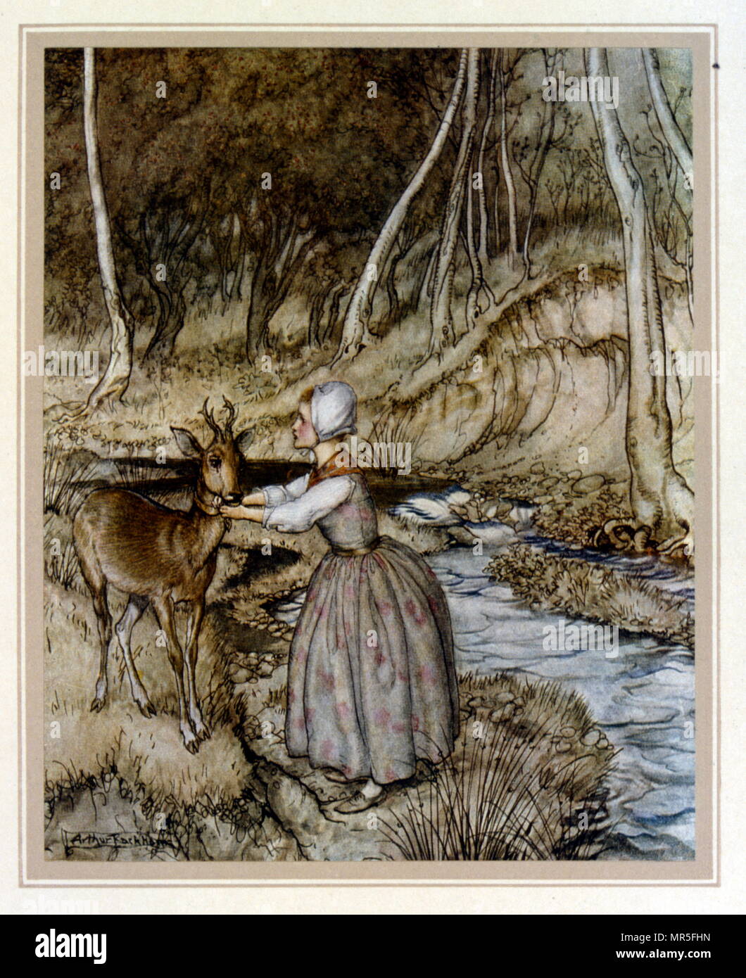 Illustrazione di una ragazza con un cervo dal 1922 edizione di "Le Printemps sur la neige' di Charles Guyot, illustrato da Arthur Rackham Foto Stock