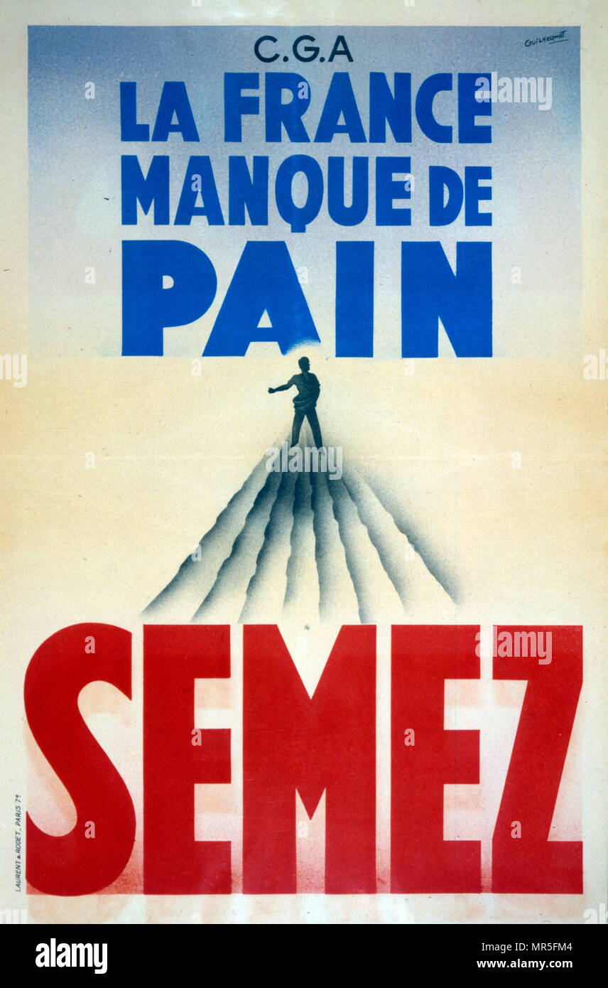 Il francese la Seconda Guerra Mondiale la propaganda poster francese di sollecitazione civili per la semina del mais. "Francia manchi il pane. Seminare' Foto Stock