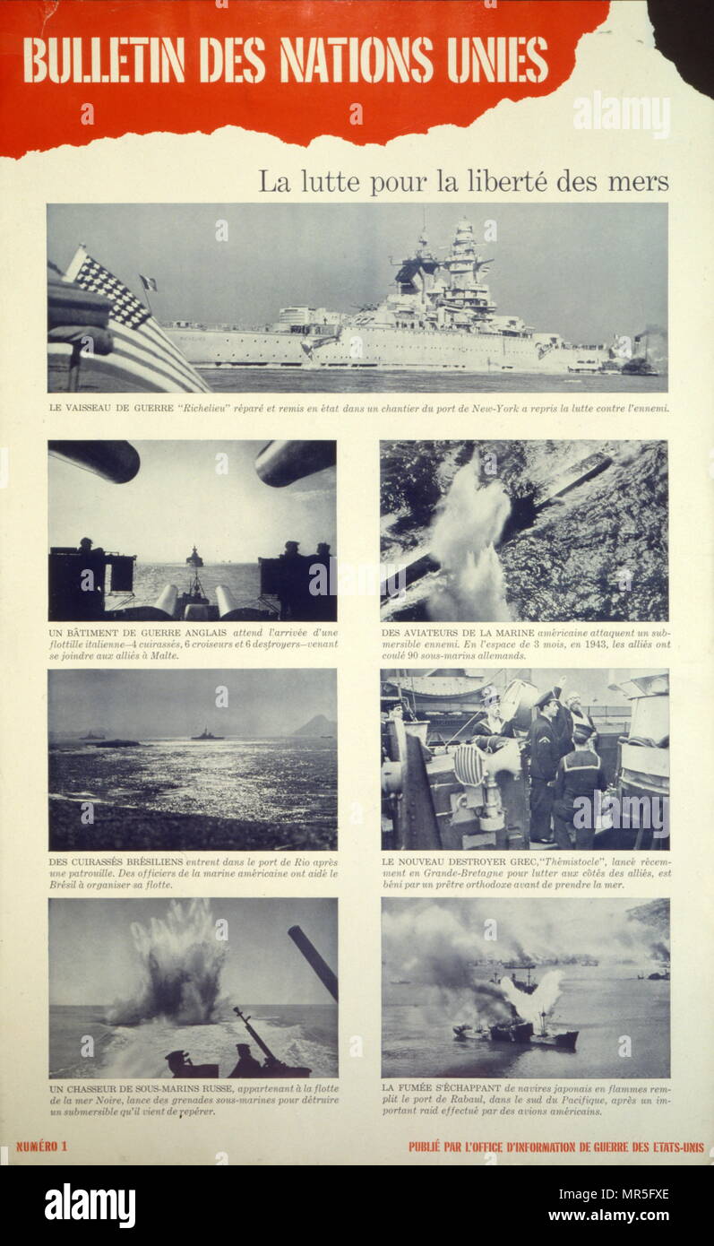 Broadsheet pubblicato dall Ufficio di informazione di guerra (in francese); degli Stati Uniti durante la Seconda Guerra Mondiale. Raffigurante la battaglia per i mari (Atlantico e il Mediterraneo); durante la Seconda Guerra Mondiale. Foto Stock