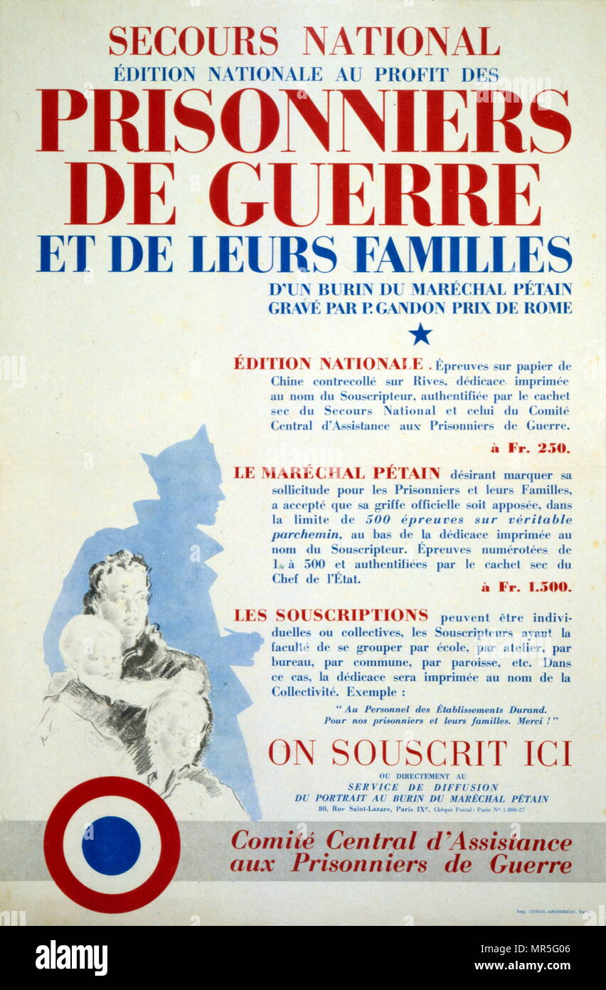 Il francese guerra mondiale due poster di 'Le Secours nazionali'; rilievo nazionale Poster, promuovere gli aiuti ai prigionieri di guerra. Foto Stock