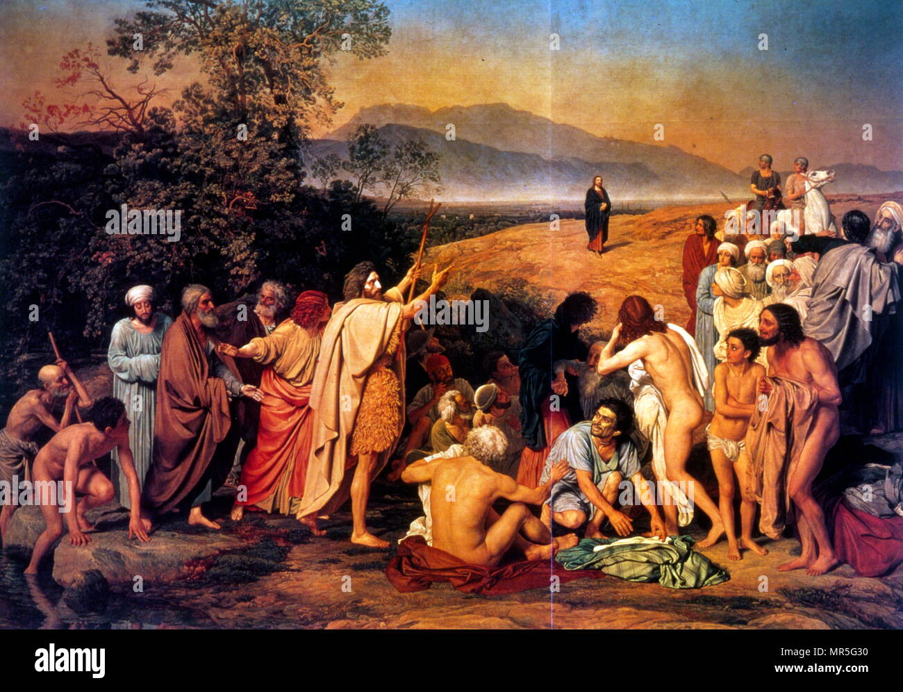 L'aspetto di Cristo davanti al popolo (apparizione del Messia); il 1857. Il dipinto a olio su tela, misura 540 cm × 750 cm, dal pittore russo Alexander Andreyevich Ivanov (1806-1858) ha preso 20 anni per completare (1837-1857). La narrazione della pittura allude alle diverse storie della Bibbia. Nel centro, Giovanni Battista, indossando una pelle di animale, è in piedi sulle rive del fiume Giordano. Egli punti verso una figura in lontananza, avvicinando la scena. A sinistra si erge il giovane Giovanni apostolo, dietro di lui San Pietro, e inoltre su Andrea apostolo e Nathaniel. Foto Stock