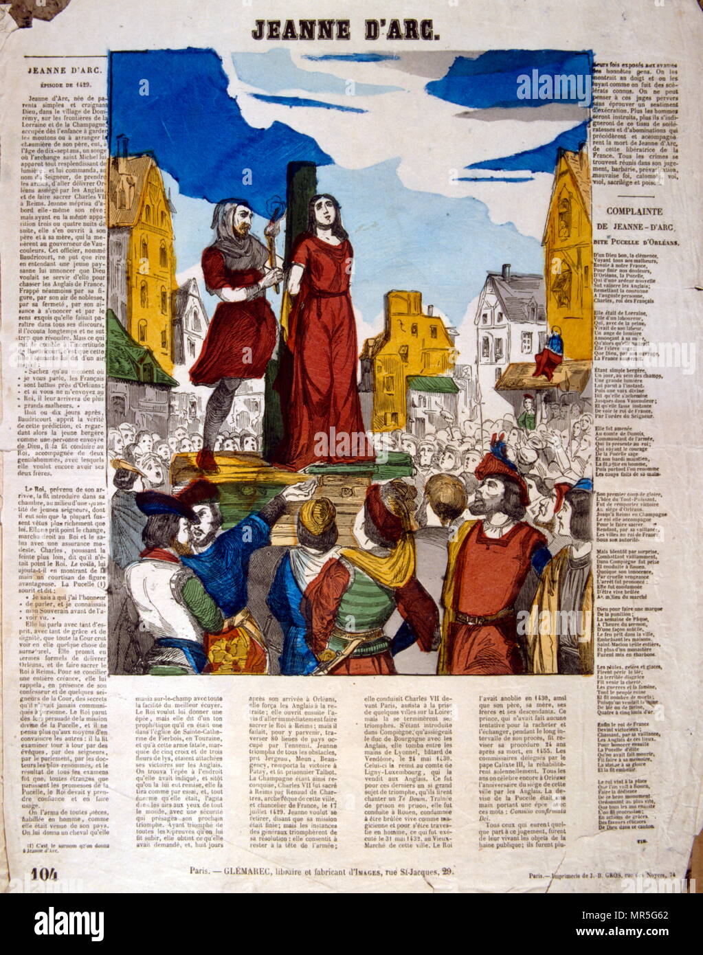 Il francese del XIX secolo illustrazione della esecuzione di Giovanna d'Arco (c. 1412 - 1431); soprannominata "La cameriera di Orléans" (Francese: La Pucelle d'Orléans); è considerato un'eroina della Francia per il suo ruolo durante la fase Lancastrian dei cento anni di guerra e fu canonizzato come cattolica romana san. Foto Stock