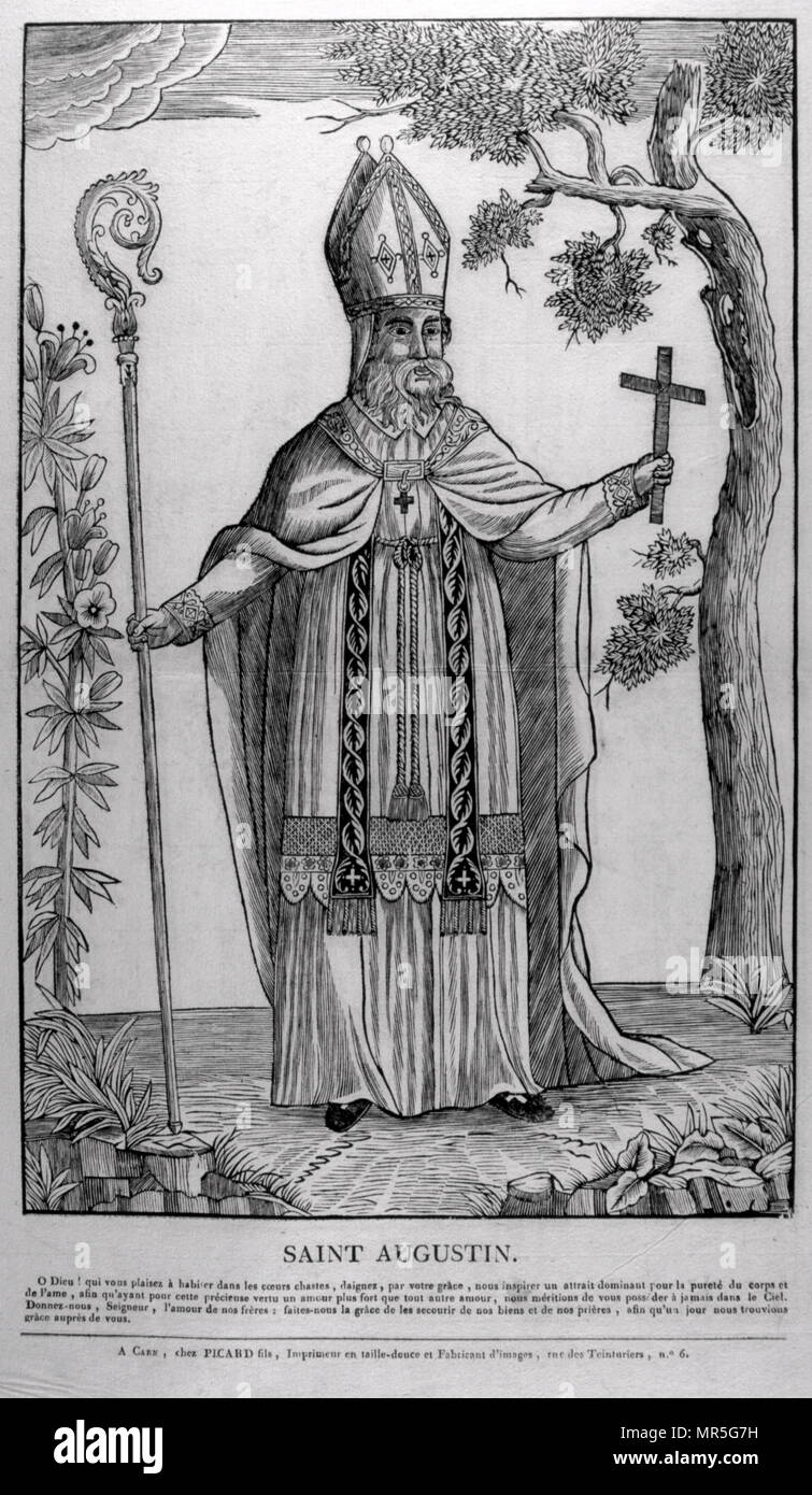 Il francese del XIX secolo, illustrazione che mostra di sant Agostino di Ippona (354 - 430); un precoce Nord cristiano africano teologo e filosofo[5], i cui scritti hanno influenzato lo sviluppo del cristianesimo occidentale e della filosofia occidentale. Egli è stato il Vescovo di Ippona Regius in Africa del nord ed è considerato uno dei più importanti Padri della Chiesa nella cristianità occidentale per i suoi scritti in epoca patristica. Foto Stock
