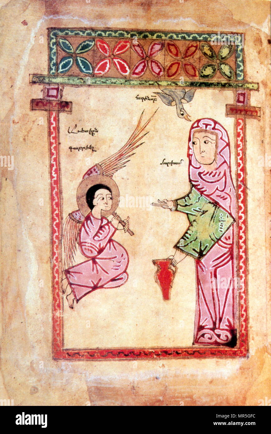 Il XIV secolo, armena manoscritto evangelica, l'annunciazione di Maria Vergine Foto Stock